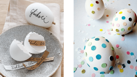 Unsere zweite Idee zum Basteln: Glückseier zu Ostern. Ostereier mit Sprüchen und Punkten beklebt.